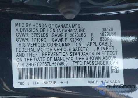 2020 Honda Civic Lx from USA, damaged, VIN 2HGFC2F67LH574850